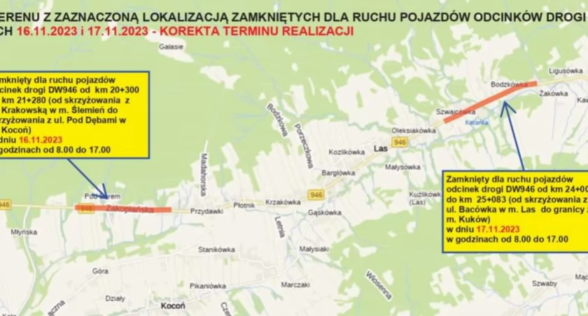 Zamknięcie drogi w miejscowości Las 
