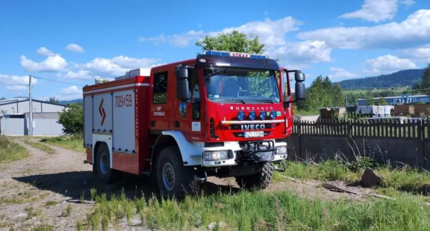 Pożar trawy w Rychwałdzie.Zagrożony tartak