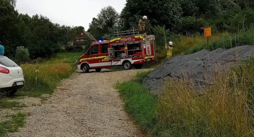 Niebezpiecznie Pochylone drzewo w Rajczy: Interwencja OSP Rajcza