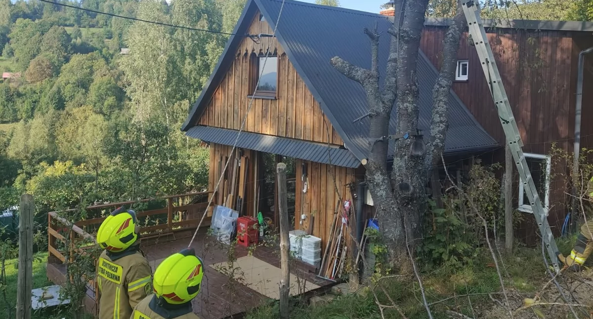 Pewel Ślemieńska: Interwencja strażaków przy pochylonym drzewie