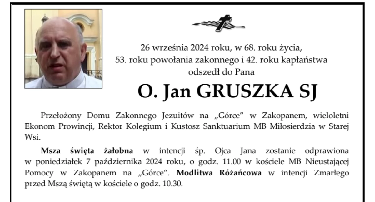Zmarł o. Jan Gruszka SJ - przełożony Domu Zakonnego Jezuitów na „Górce” w Zakopanem