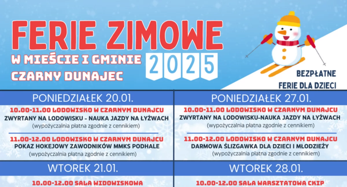 Bezpłatne ferie zimowe w Mieście i Gminie Czarny Dunajec – zimowa przygoda dla każdego!