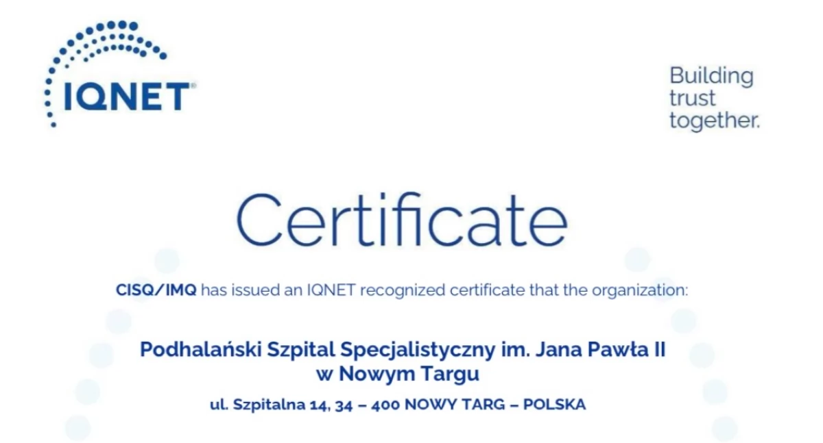 Podhalański Szpital Specjalistyczny z certyfikatem ISO 9001:2015