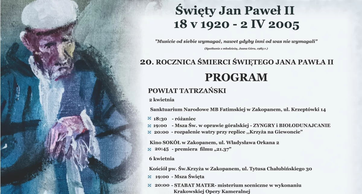 Obchody 20. rocznicy śmierci Świętego Jana Pawła II w Powiecie Tatrzańskim
