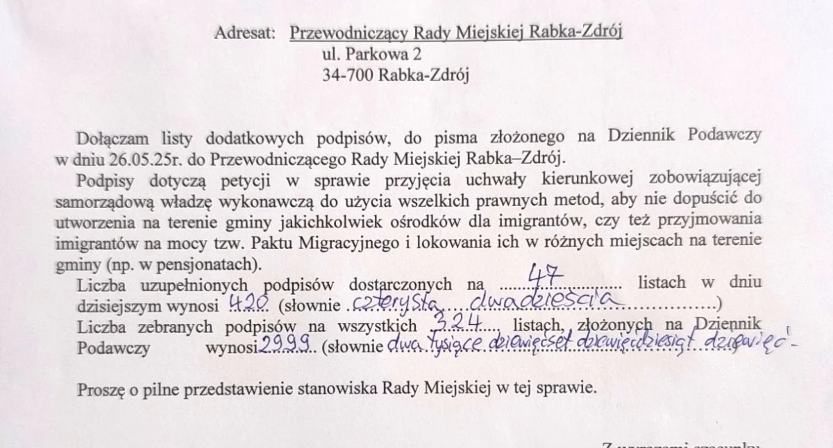 Zebrano 2999 podpisów przeciwko zorganizowaniu w Rabce-Zdroju ośrodków dla imigrantów - 3 czerwca odbędzie się sesja Rady Miejskiej w tej sprawie