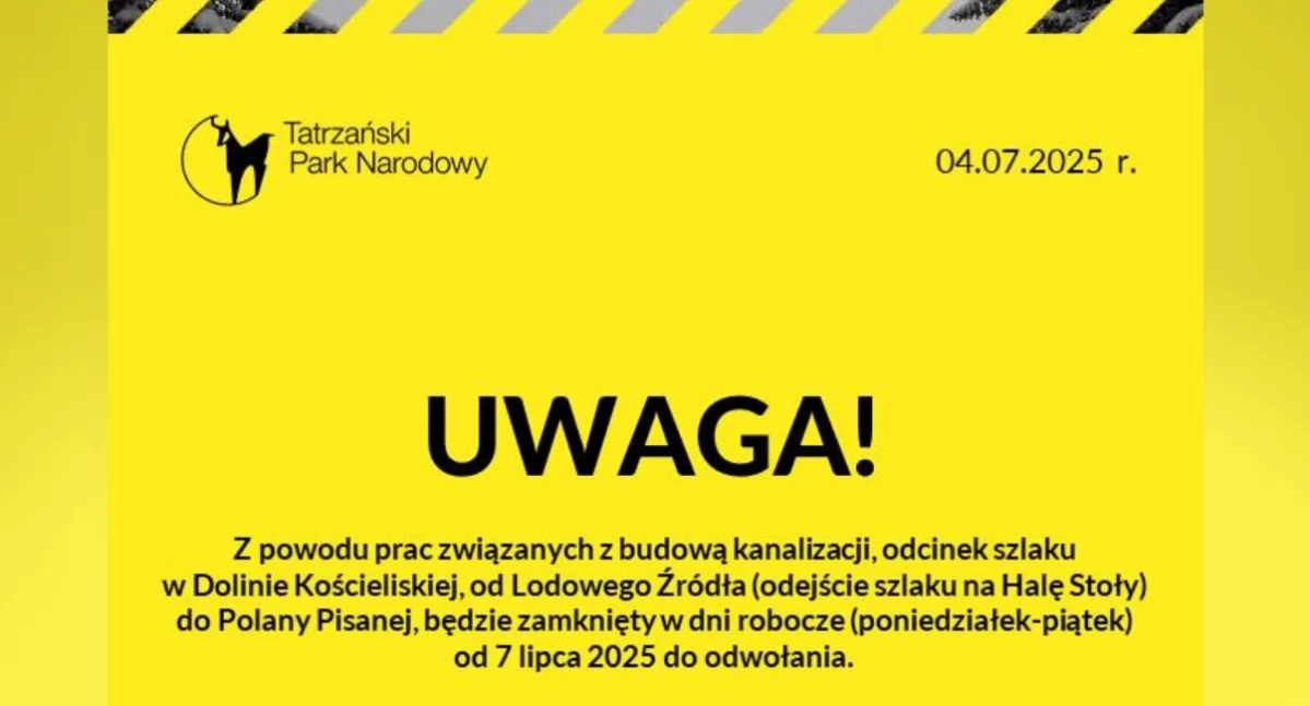 Utrudnienia na szlaku w Dolinie Kościeliskiej - zamknięcia od 7 lipca 2025 z powodu prac kanalizacyjnych