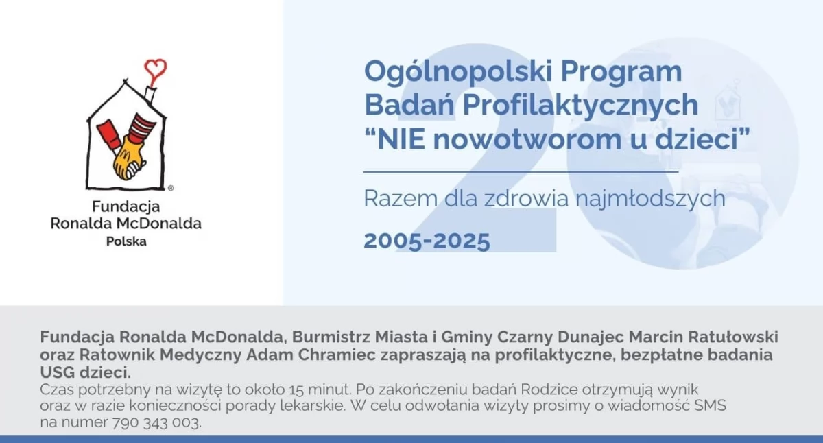 Dzieci pod opieką specjalistów - rusza kolejna edycja bezpłatnych badań w ramach ogólnopolskiej akcji „Nie nowotworom u dzieci” na ternie Miasta i Gminy Czarny Dunajec