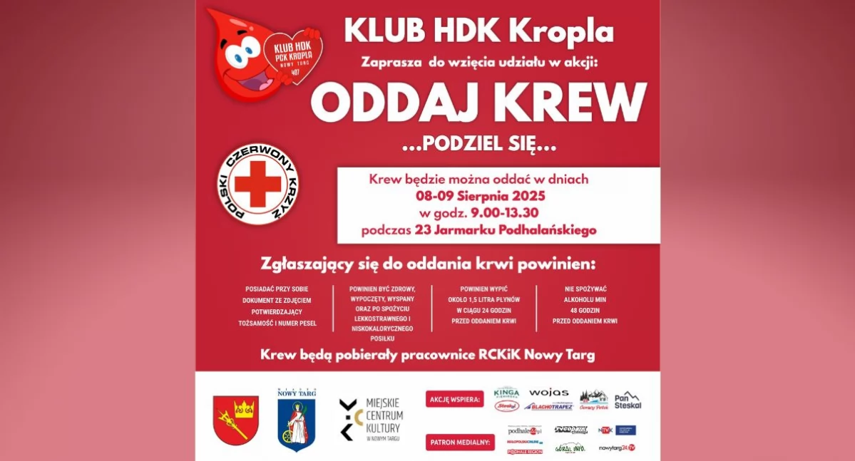 Oddaj krew podczas 23. Jarmarku Podhalańskiego w Nowym Targu – dołącz do akcji Klubu HDK Kropla