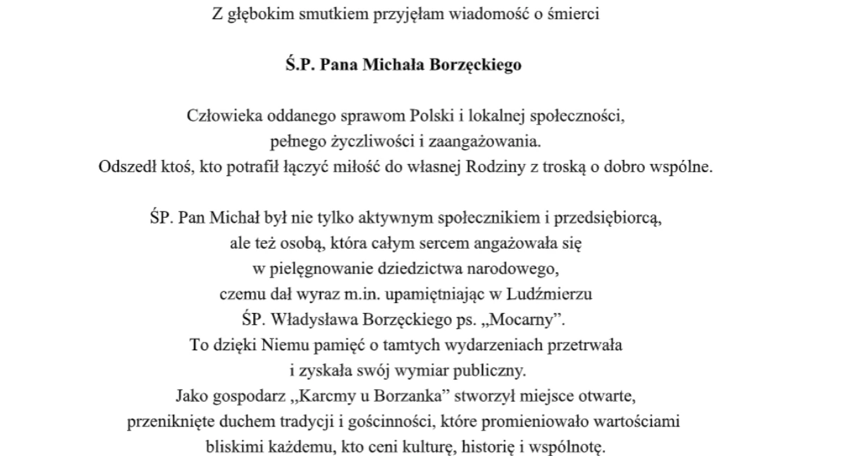 Kondolencje od Poseł na Sejm Rzeczypospolitej Polskiej Barbary Bartuś dla rodziny i najbliższych śp. Michała Borzęckiego