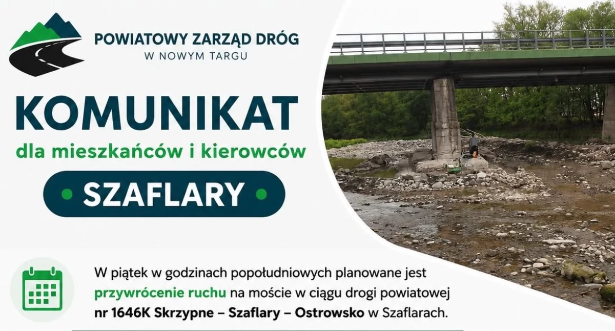 W piątek otworzą most w Szaflarach. Kierowcy wrócą na trasę, ale utrudnienia pozostaną