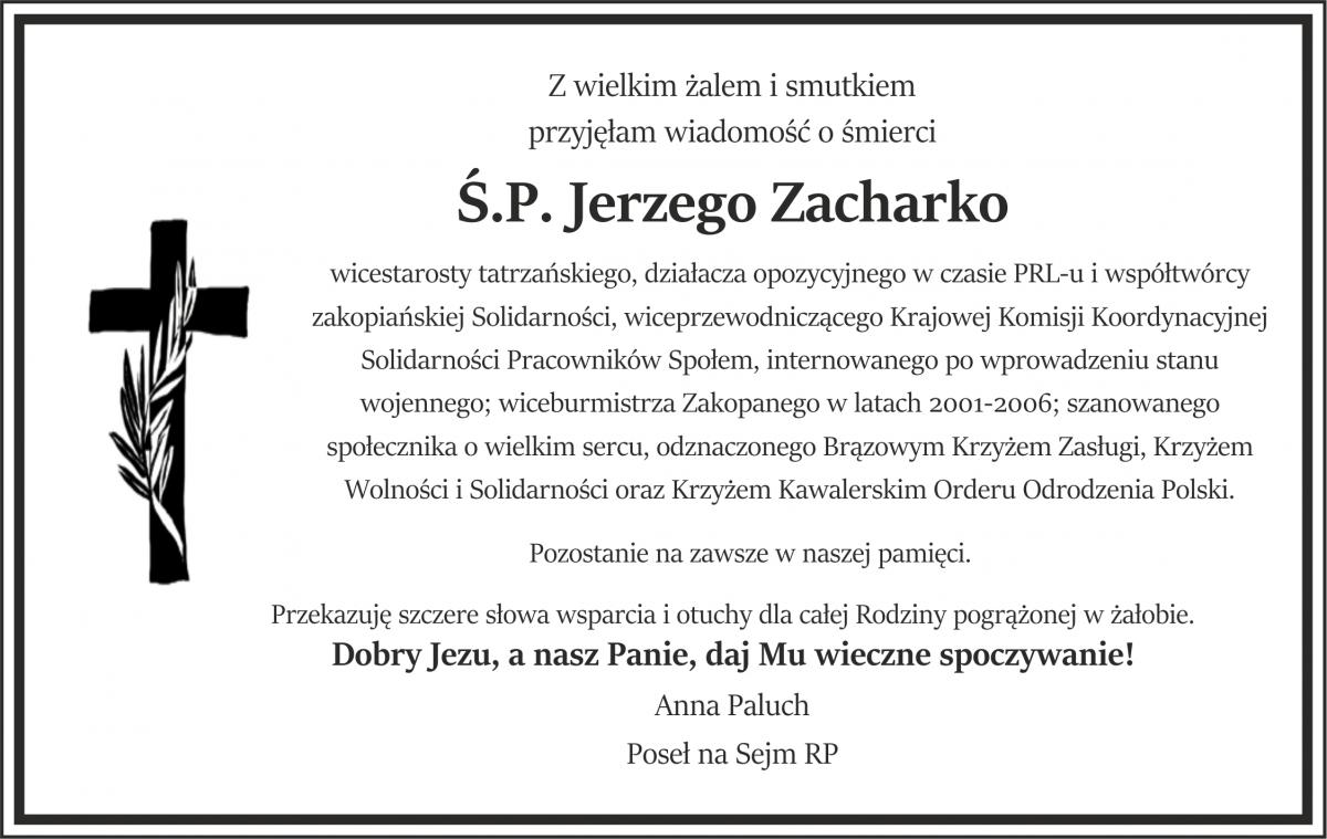 Poseł Anna Paluch składa kondolencje po śmierci śp. Jerzego Zacharko