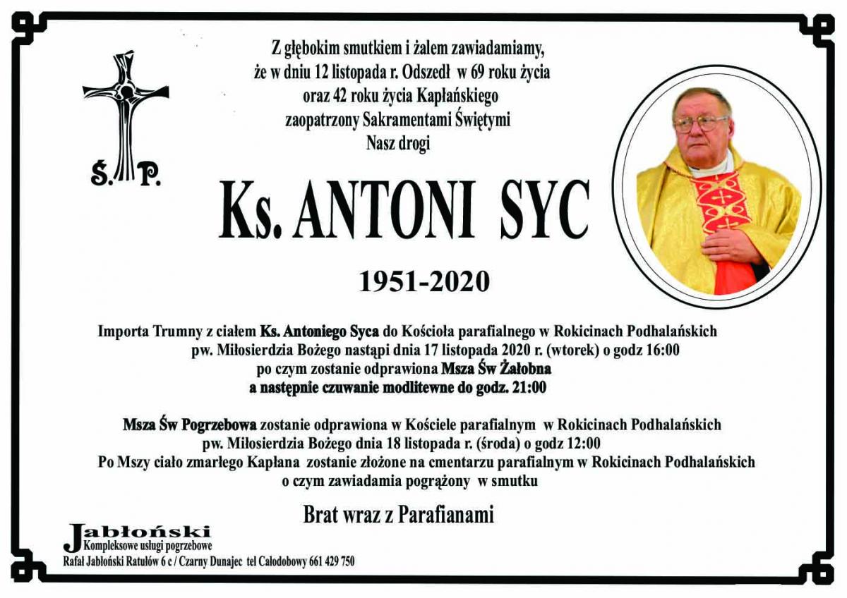 Pogrzeb ks. Antoniego Syca, proboszcza w parafii w Rokicinach Podhalańskich odbędzie się w najbliższą środę