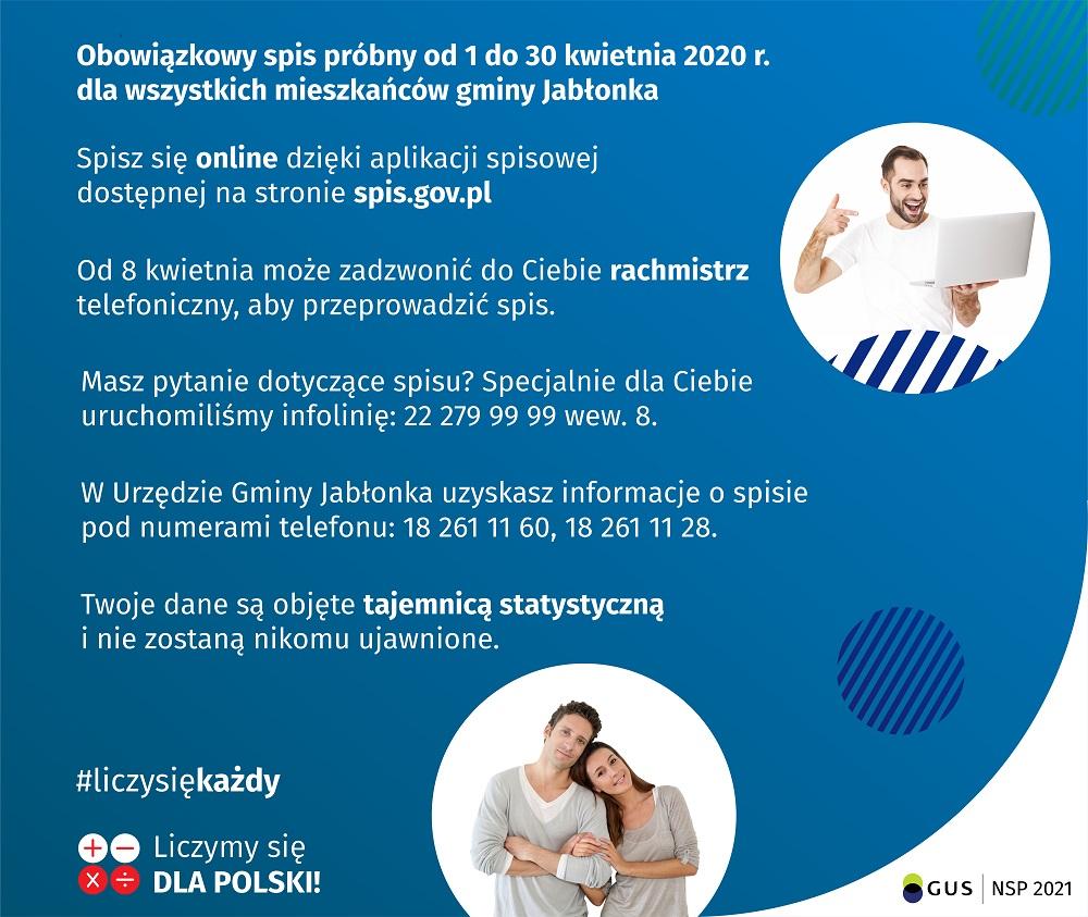 Spis próbny w gminie Jabłonka 1 - 30 kwietnia 2020 r.