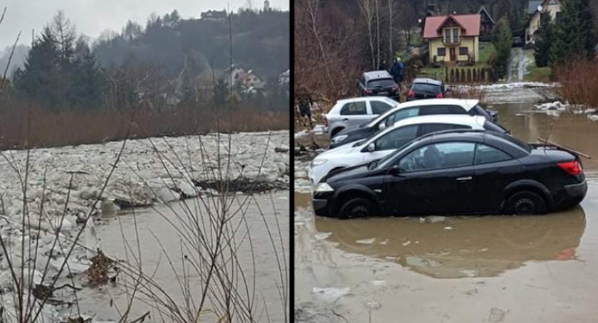 Zalane posesje, zniszczony mostek - zator lodowy na Grajcarku 