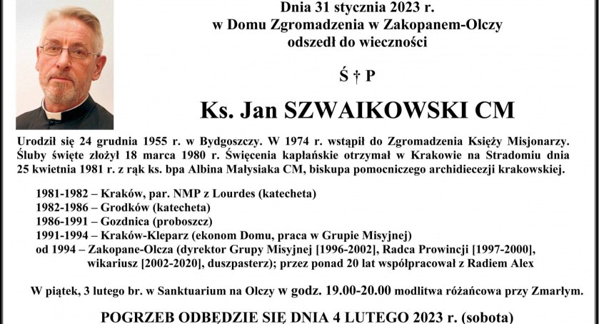 Zmarł ks. Jan Szwaikowski z Sanktuarium MB Objawiającej Cudowny Medalik w Zakopanem