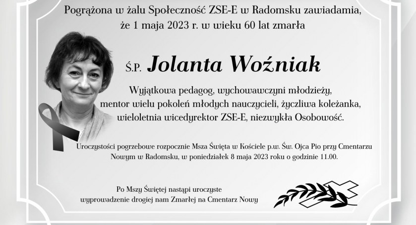 Zespół Szkół Elektryczno-Elektronicznych żegna wicedyrektor Jolantę Woźniak. Pogrzeb odbędzie się w poniedziałek na Nowym Cmentarzu