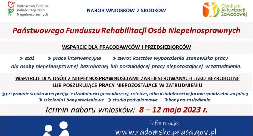 Powiatowy Urząd Pracy przyjmuje wnioski wsparcie ze środków Państwowego Funduszu Rehabilitacji Osób Niepełnosprawnych