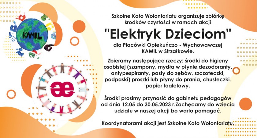 Uczniowie organizują akcję „Elektryk Dzieciom”. Zebrane środki czystości przekazane zostaną placówce Kamil