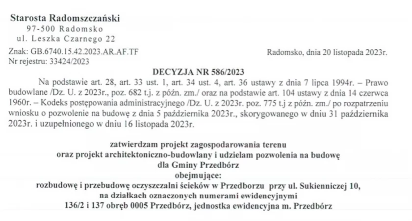 W Przedborzu powiększą oczyszczalnię. Jest już decyzja starostwa