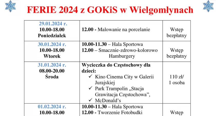 Ferie tuż, tuż. Aby umilić wolny od nauki czas GOKiS w Wielgomłynach przygotował wiele ciekawych atrakcji