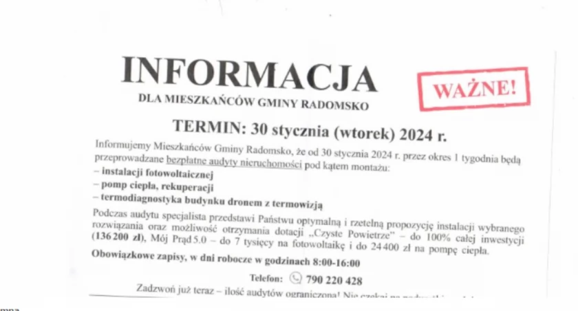 Urząd Gminy Radomsko: Ludzie z ulotkami o audytach nie są od nas. Uważajcie, to może być oszustwo