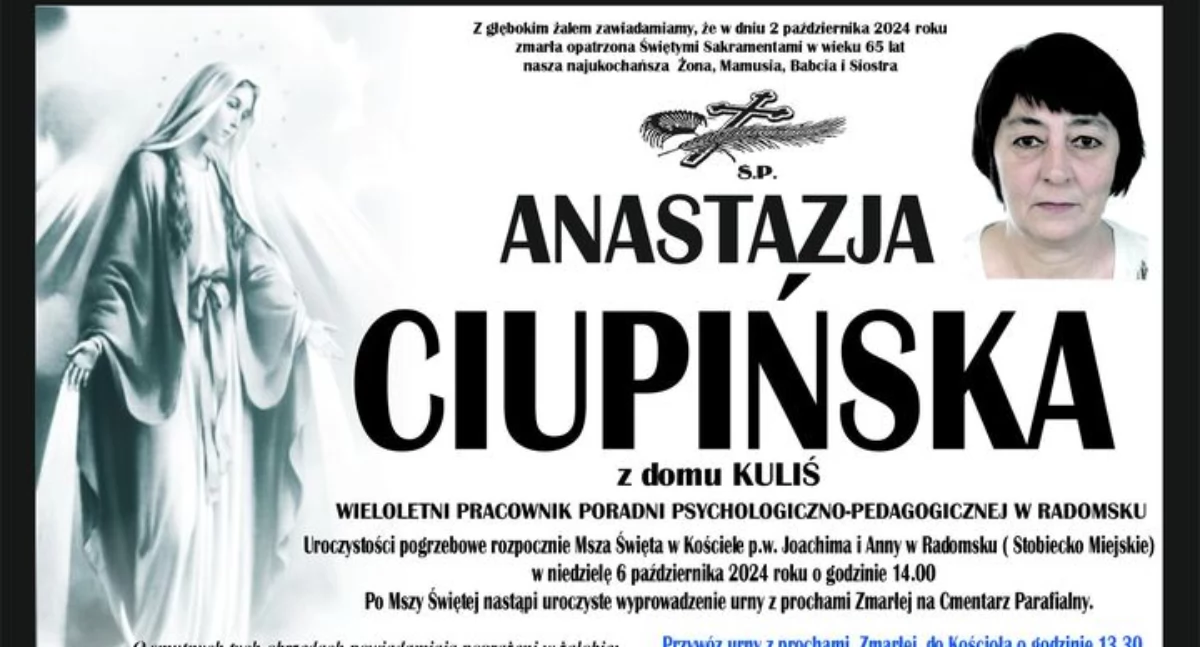 Odeszła Anastazja Ciupińska, pedagog, diagnosta i terapeuta. Pogrzeb odbędzie się w najbliższą niedzielę