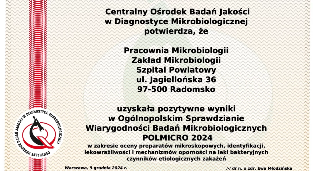 Zakład Mikrobiologii radomszczańskiego szpitala ma pozytywny wynik badań Polmicro 2024