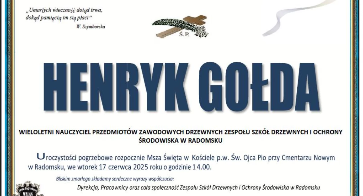 Odszedł Henryk Gołda, wieloletni nauczyciel w Zespole Szkół Drzewnych i Ochrony Środowiska