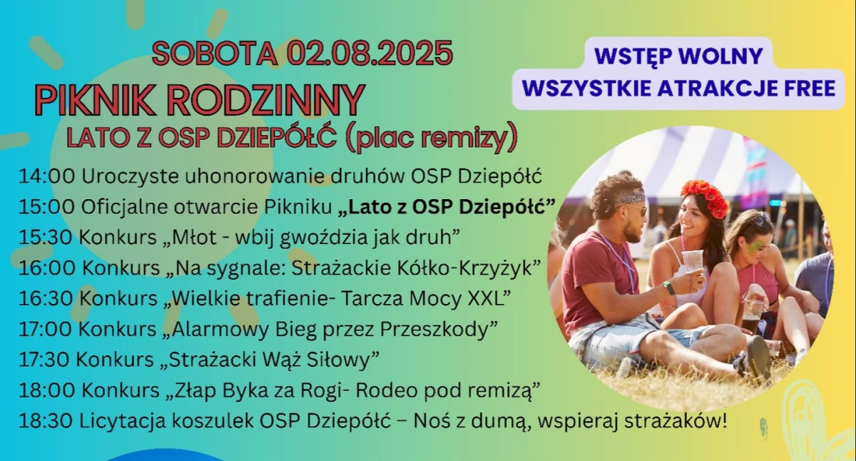 Druhowie z OSP Dziepółć zapraszają na Piknik Rodzinny. W programie moc atrakcji dla dużych i małych