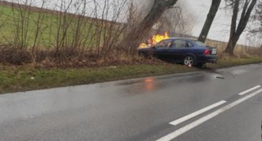 Po uderzeniu w drzewo vectra się zapaliła. Na miejscu są służby