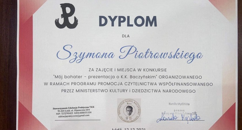 Szymon Piotrowski z PSP nr 7 zajął I miejsce w ogólnopolskim konkursie Mój bohater 