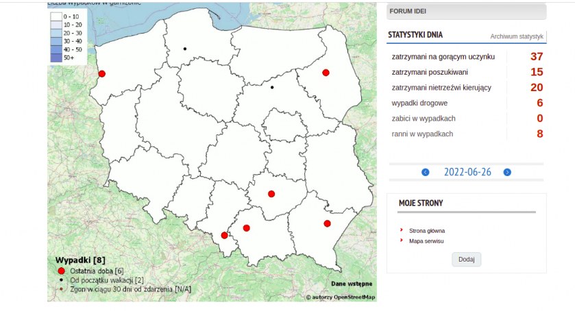Mapa wypadków drogowych - Wakacje 2022. Prezentuje skalę tragedii do jakich dochodzi na drogach
