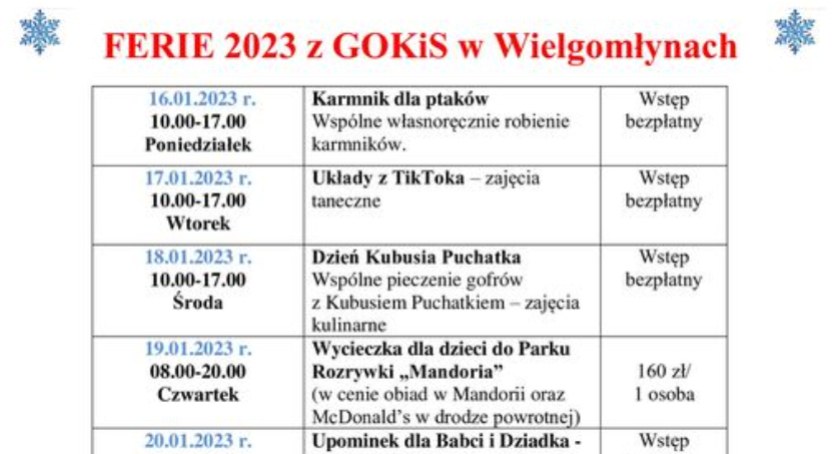 Ferie 2023 z Gminnym Ośrodkiem Kultury i Sportu w Wielgomłynach