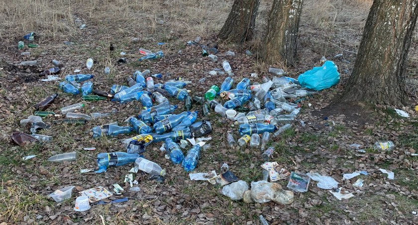 Plastikowe i szklane butelki między drzewami. - Jestem zaniepokojony - mówi mieszkaniec Kowalowca, który się na nie natknął