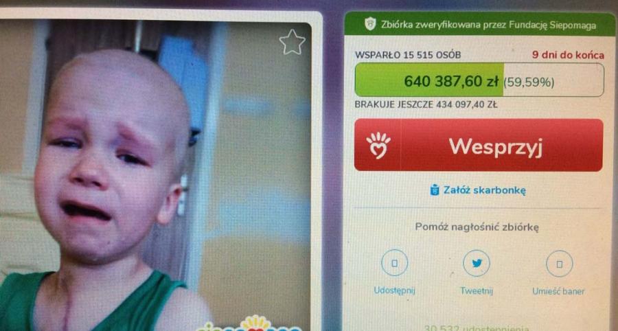 120 tys. zł w cztery dni!!! Na koncie chorego Wojtusia Dudy jest już 640 tys.