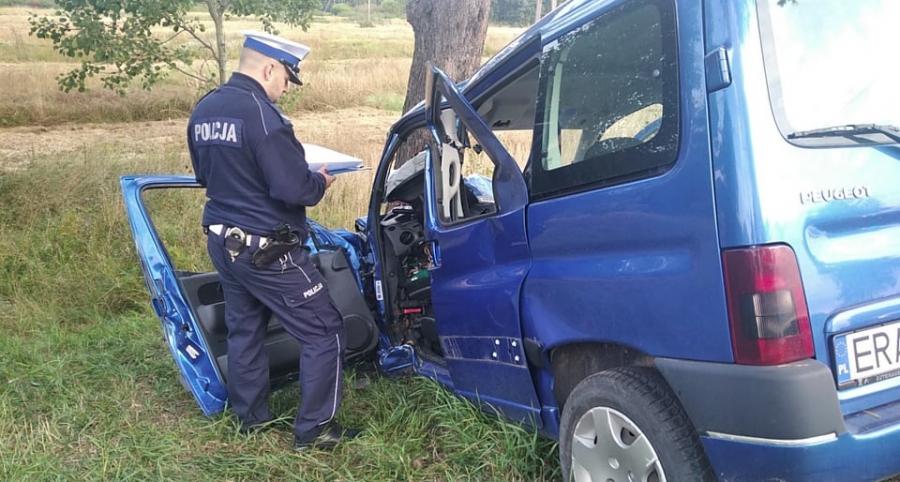Uwaga! Na DK-91 kierowca peugeota wjechał w drzewo