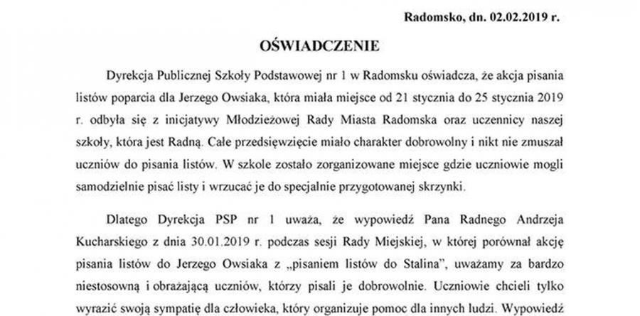 Wypowiedź radnego Kucharskiego szkodzi szkole. Oświadczenie dyrekcja Jedynki