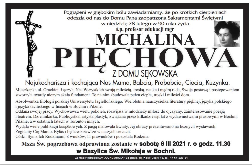 Michalina Pięchowa nie żyje. Uczyła w Liceum Ogólnokształcącym w Pilźnie