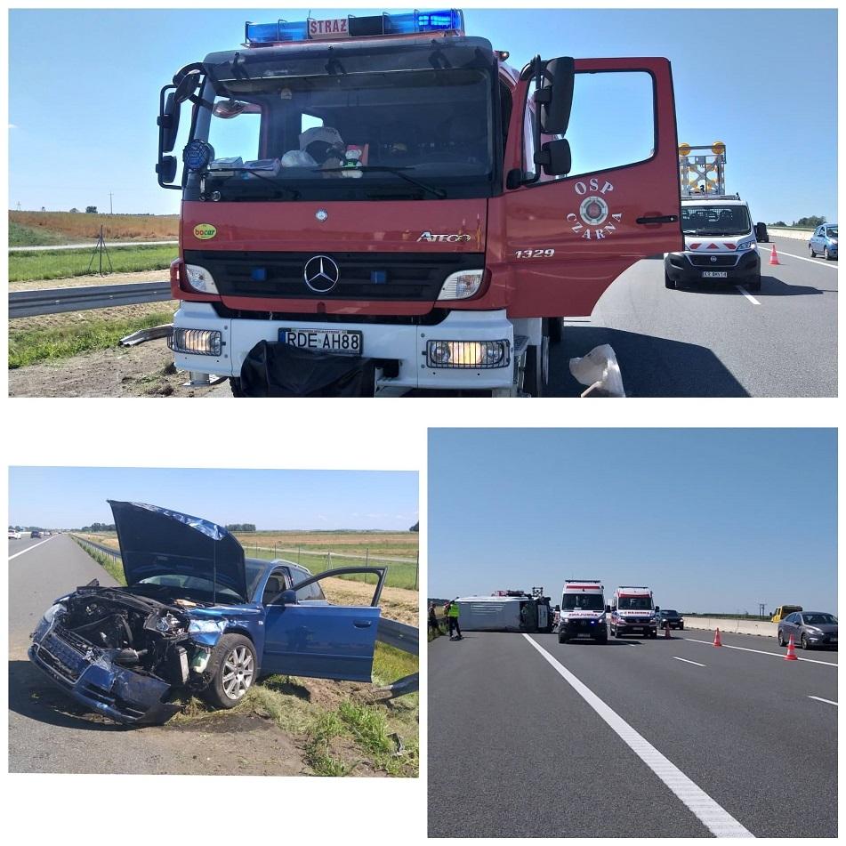 Zderzenie audi z busem na autostradzie