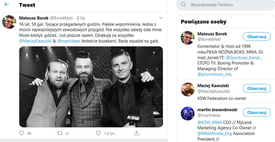 Sobotnią galę obejrzy w telewizji. Mateusz Borek rozstał się z KSW
