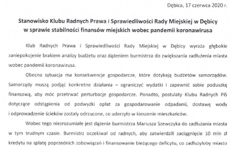 Radni PiS wydali stanowisko. Chodzi o miejski budżet