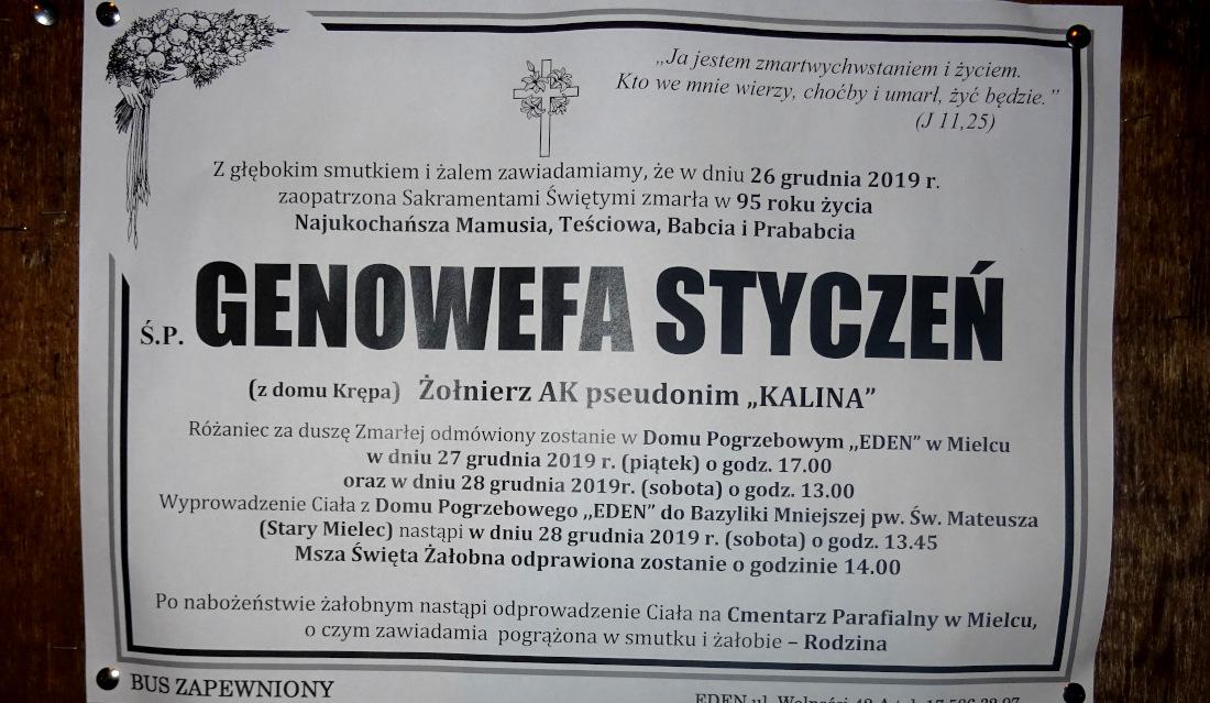 Nie żyje Genowefa Styczeń ps. Kalina