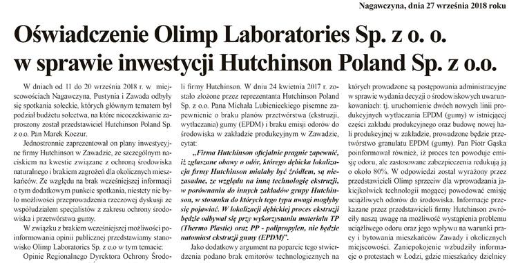 Oświadczenie Olimp Laboratories Sp. z o. o. w sprawie inwestycji Hutchinson Poland Sp. z o.o.