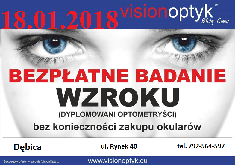 W NOWYM ROKU ZADBAJ O SWÓJ WZROK I NAJBLIŻSZYCH !!  ZAPRASZAMY NA BEZPŁATNE BADANIE WZROKU DNIA 18.01.2018 r.