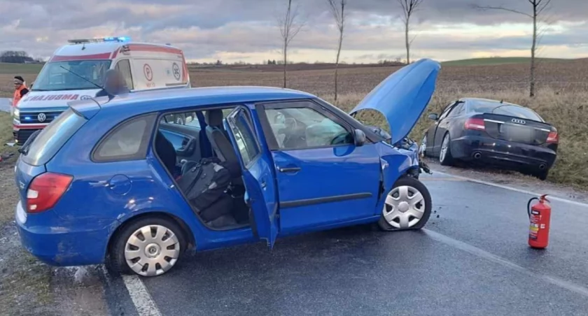 Wypadek na szesnastce - czołowe zderzenie koło Woźnic