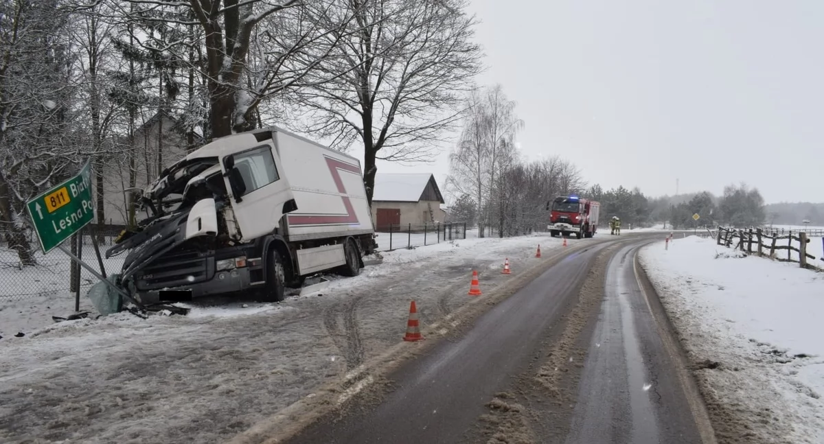 67-letni kierowca ciężarówki stracił panowanie nad pojazdem i uderzył w drzewo. Pasażer z obrażeniami ciała trafił do szpitala