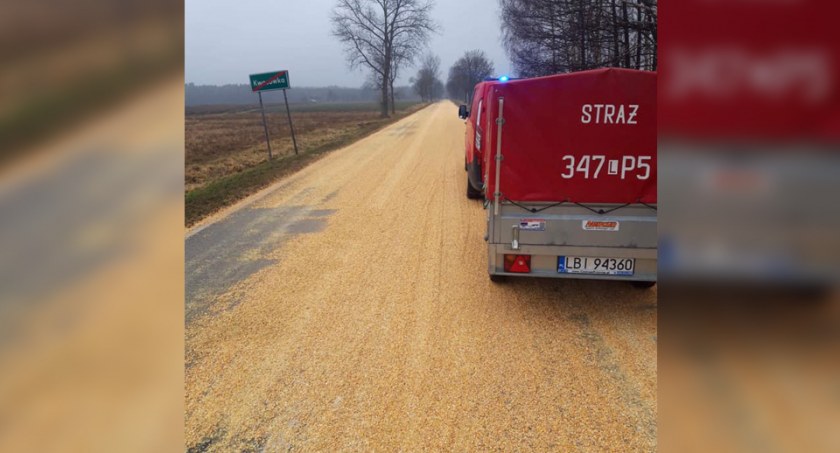 Droga w gminie Drelów zasypana kukurydzą. Nie wiadomo kto zgubił ładunek 