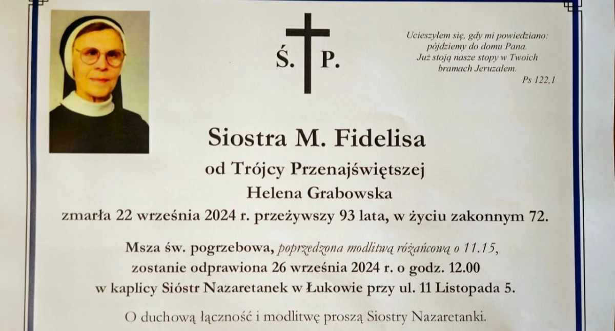 Nie żyje Siostra M. Fidelisa od Trójcy Przenajświętszej – Helena Grabowska