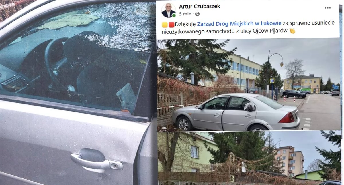 Wrak Forda zniknął z ulicy Ojców Pijarów w Łukowie. Skuteczna interwencja radnego Artura Czubaszka!