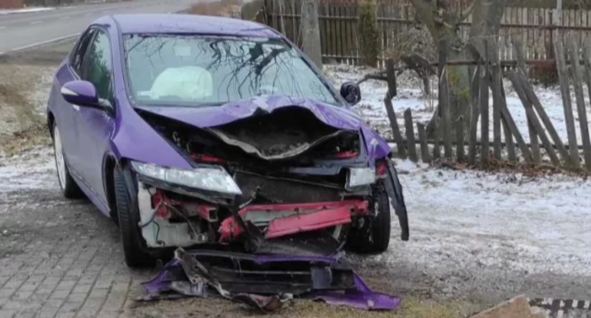 Dąbie: Honda staranowała płot i hydrant! Kierowca ukarany mandatem